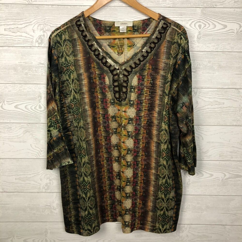 CJ Banks Women's 1X Printed V Neck Shirt Beaded 3/4 Sleeve Top Green Orange